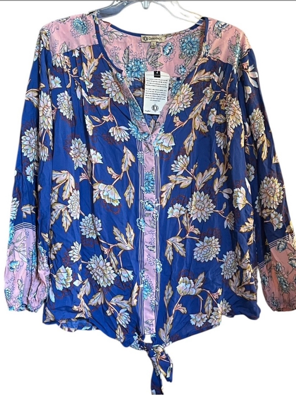 Democracy Galaxy Blue/Pink Contrast Floral Tie-Front Boho Blouse Smocked cuffs L